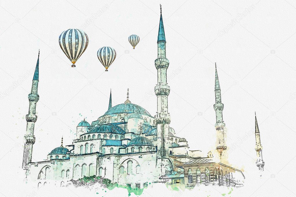 A watercolor sketch or illustration. The famous Blue Mosque in Istanbul is also called Sultanahmet. Turkey