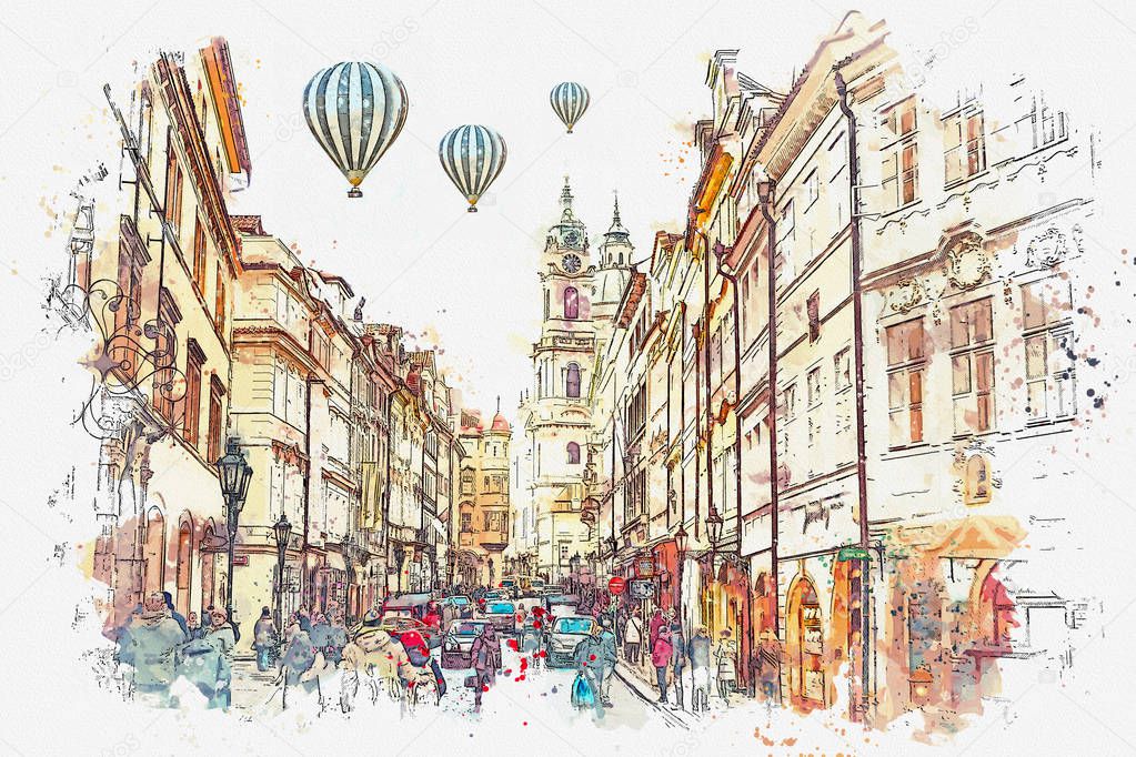 illustration of a busy street in Prague in the Czech Republic