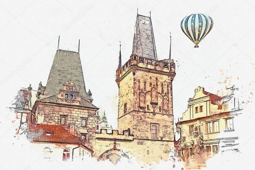 an illustration of a tower and other buildings at the entrance to the Charles Bridge in Prague.