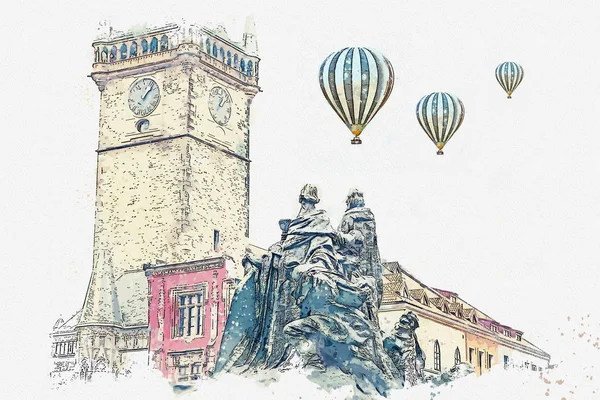 Ilustración o boceto de acuarela de la Plaza de la Ciudad Vieja de Praga . — Foto de Stock