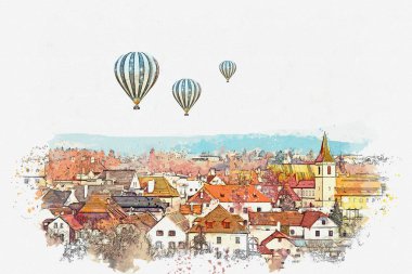 Bir suluboya kroki veya Cesky Krumlov geleneksel mimarisinde bir örnek Çek Cumhuriyeti