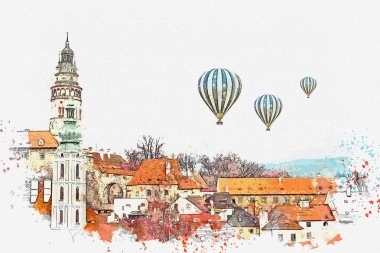 Bir suluboya kroki veya Cesky Krumlov geleneksel mimarisinde bir örnek Çek Cumhuriyeti