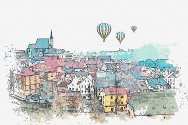 Bir suluboya kroki veya Cesky Krumlov geleneksel mimarisinde bir örnek Çek Cumhuriyeti