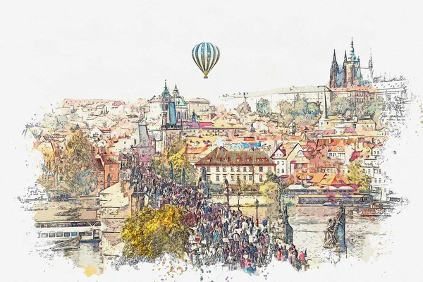Иллюстрация. Традиционная древняя архитектура Праги и Карлова моста — стоковое фото