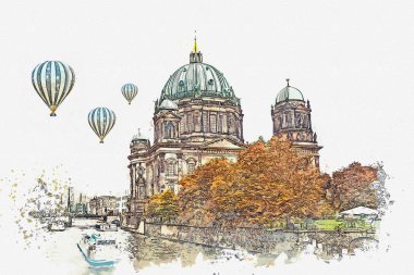 Berliner Dom Berlin, Almanya denilen bir suluboya kroki ya da Berlin Cathedral çizimi.