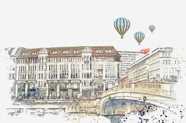 Suluboya bir kroki ya da bir örnek. Berlin Almanya geleneksel mimari