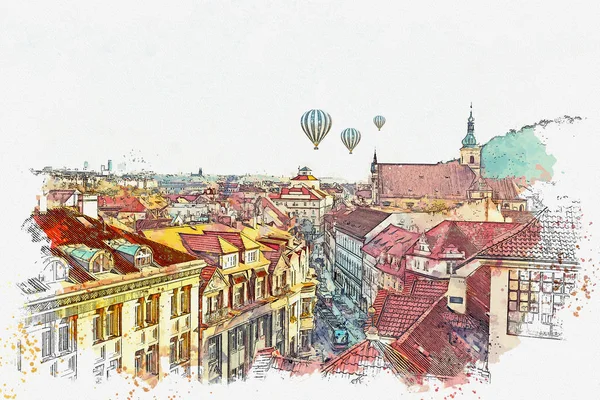 Illustration. Traditionelle antike Architektur in Prag. — Stockfoto