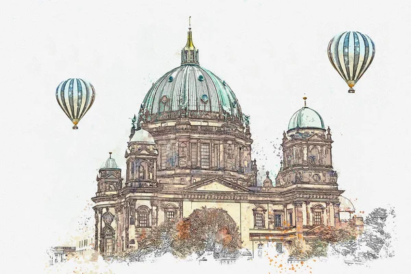 Een aquarel schets of afbeelding van de kathedraal van Berlijn genaamd Berliner Dom. Berlin, Duitsland. — Stockfoto