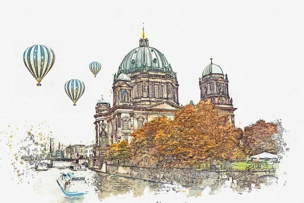 Berliner Dom Berlin, Almanya denilen bir suluboya kroki ya da Berlin Cathedral çizimi.