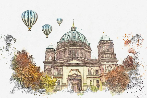 Berliner Dom Berlin, Almanya denilen bir suluboya kroki ya da Berlin Cathedral çizimi.