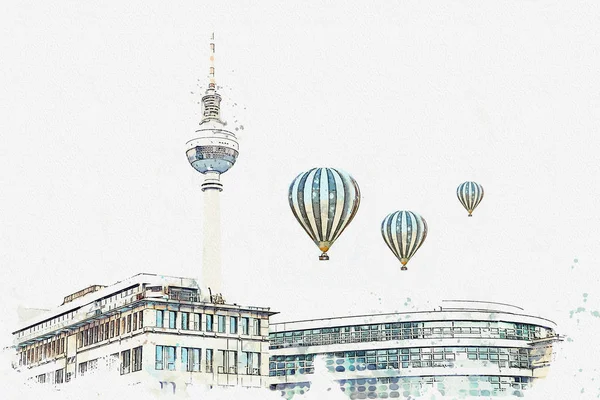 En akvarell skiss eller illustration. Berlin arkitektur. TV-tornet på torget heter Alexanderplatz — Stockfoto