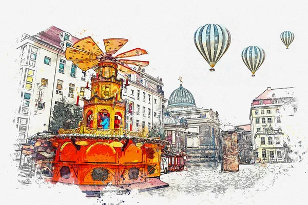 Um esboço aquarela ou ilustração. Mercado de Natal. Dresden, Alemanha — Fotografia de Stock