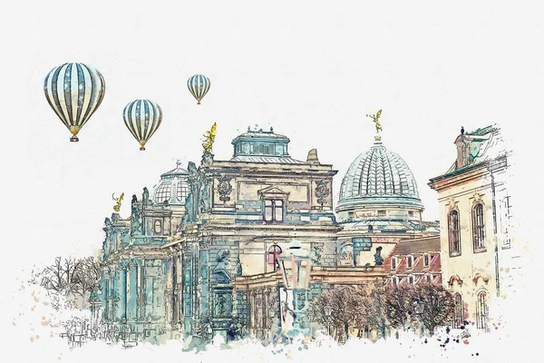 Акварельный набросок или иллюстрация. Дворец Альбертинум или галерея новых мастеров или художественная галерея в Дрездене в Германии . — стоковое фото