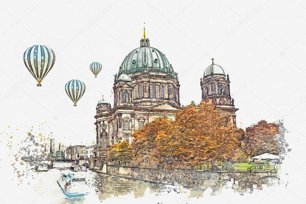 A watercolor sketch or illustration of the Berlin Cathedral called Berliner Dom. Berlin, Germany.