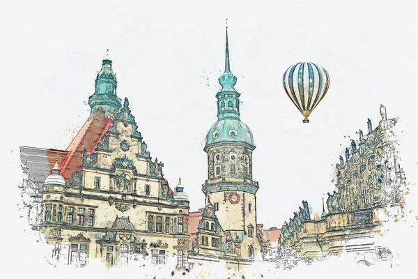 Un boceto de acuarela o ilustración. El Palacio Real y la Torre de Gaussmann en Dresde en Alemania . — Foto de Stock