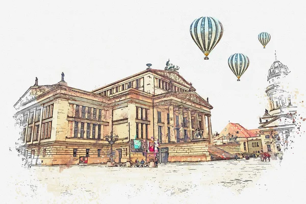 Um esboço aquarela ou uma ilustração. Casa de concertos em Berlim — Fotografia de Stock