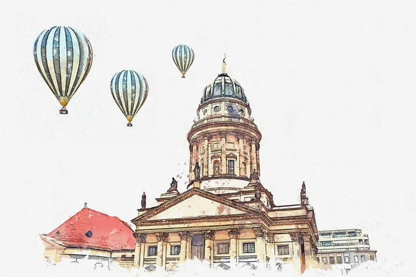 Un boceto de acuarela o una ilustración. Catedral Francesa o Franzoesischer Dom en Berlín, Alemania . — Foto de Stock