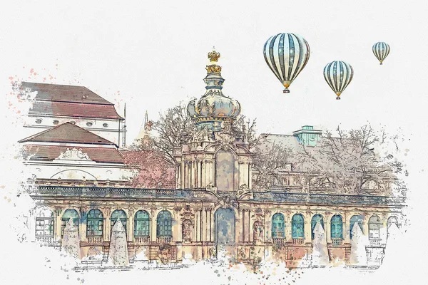 水彩素描或插图。茨温格宫在德累斯顿在德国 — 图库照片
