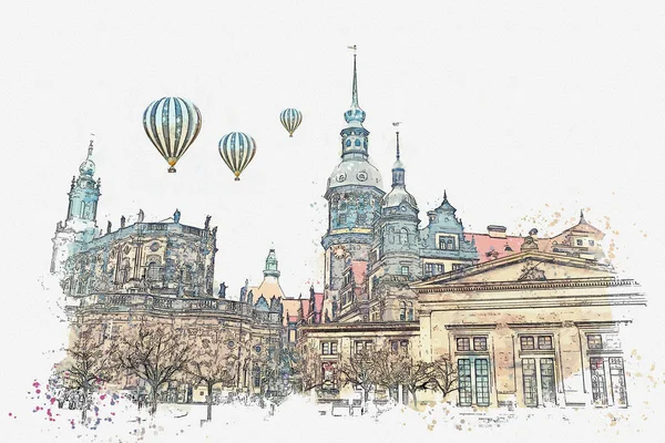 Un boceto de acuarela o ilustración. El antiguo complejo arquitectónico llamado Palacio Real. Dresde, Alemania . — Foto de Stock