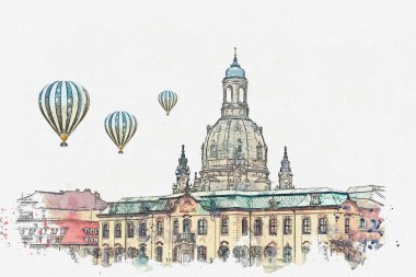 Bir suluboya kroki veya illüstrasyon. Dresden mimarisi. Kentin simgelerinden
