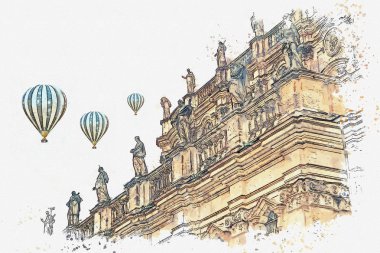 Bir suluboya kroki veya illüstrasyon. Dresden Eski bir binanın çatısında heykeller.