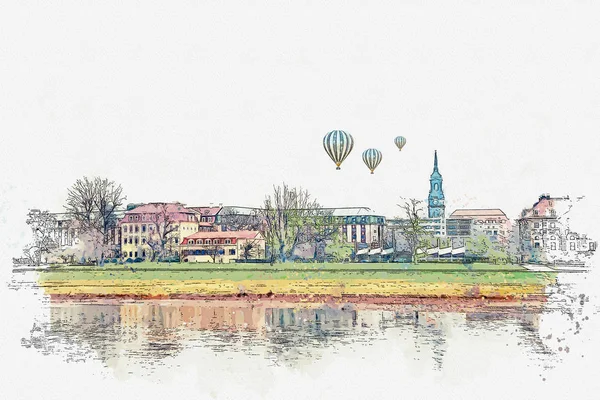 Um esboço aquarela ou uma ilustração. Bela vista da arquitetura de Dresden nas margens do rio Elba — Fotografia de Stock