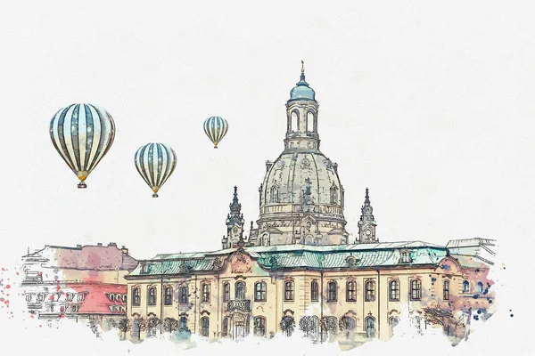 Um esboço aquarela ou ilustração. Arquitectura de Dresden. Marco da cidade — Fotografia de Stock