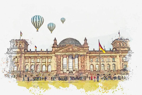 Szkic akwarela czy ilustracja z pięknym widokiem w Reichstagu w Berlinie. — Zdjęcie stockowe