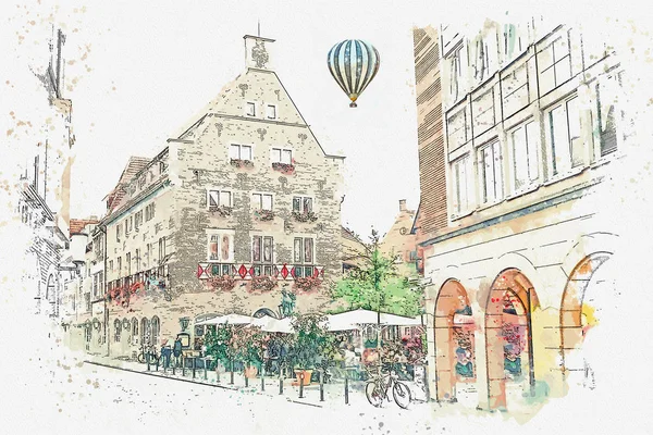 Watercolor sketch or illustration of traditional German architecture and street cafe in Muenster in Germany. — Stock Photo, Image