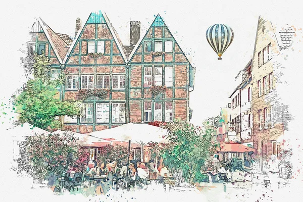 Dibujo en acuarela o ilustración de la arquitectura tradicional alemana y café callejero en Muenster en Alemania . — Foto de Stock