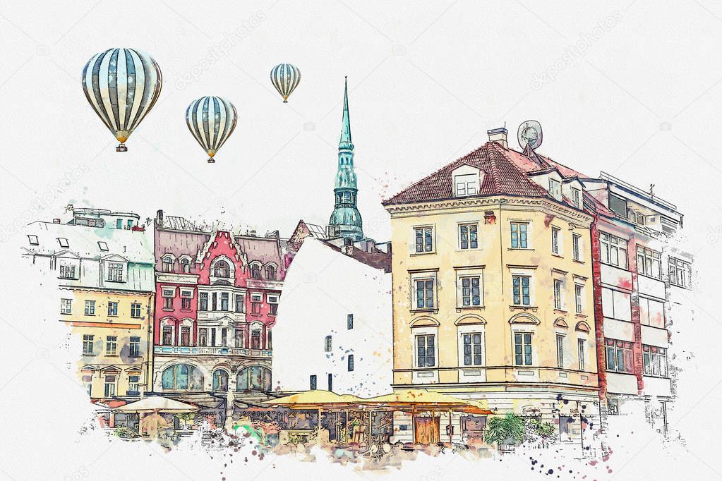 A watercolor sketch or an illustration of a beautiful view of the architecture of Riga.