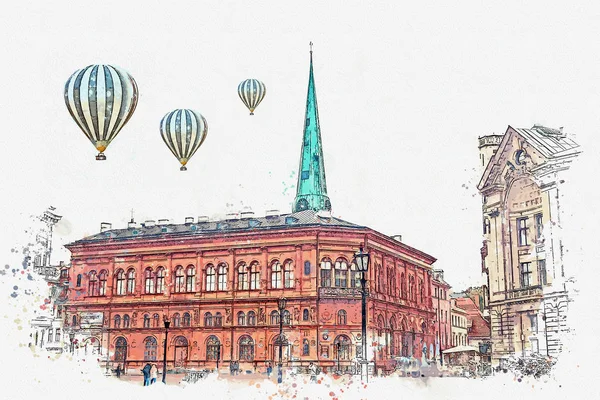 Un croquis aquarelle ou une illustration d'une belle vue sur l'architecture de Riga . — Photo