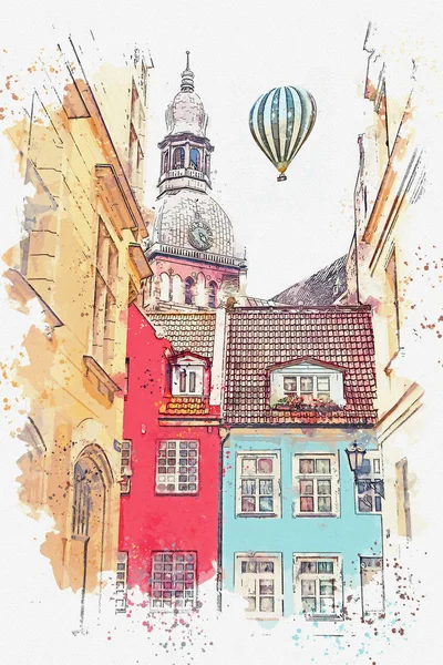 Un croquis aquarelle ou une illustration d'une belle vue sur l'architecture de Riga . — Photo