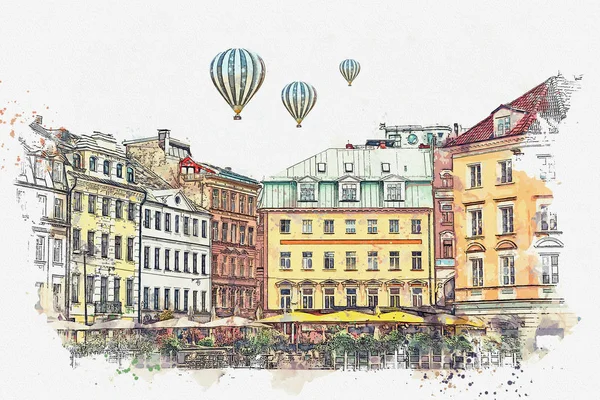 Uno schizzo ad acquerello o un'illustrazione di una splendida vista dell'architettura di Riga . — Foto Stock