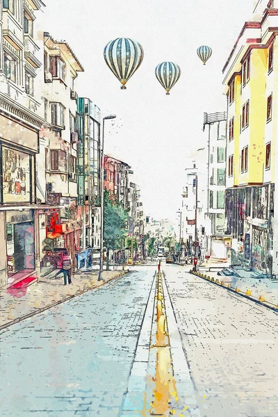水彩スケッチやイスタンブールの伝統的な通りのイラスト — ストック写真