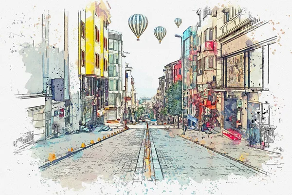 Egy akvarell Vázlat vagy ábra egy hagyományos Street, Isztambul — Stock Fotó