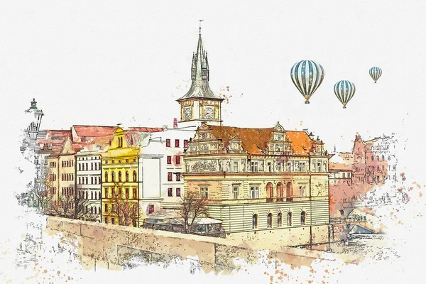 Illustration. Traditionell antik arkitektur i Prag. — Stockfoto