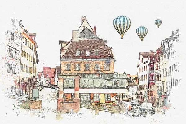 A watercolor sketch or an illustration of traditional German architecture in Nuremberg in Germany — Stock Photo, Image