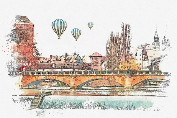 A watercolor sketch or an illustration of traditional German architecture in Nuremberg in Germany — Stock Photo, Image