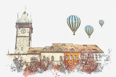 resimde. Kırmızı kiremit çatı ve Prag meydanında Saat Kulesi ile güzel tarihi binalar