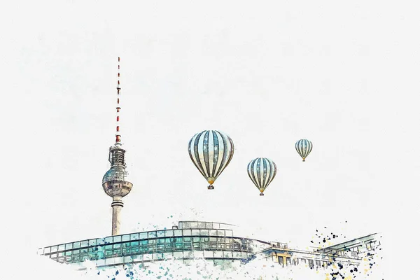 Um esboço aquarela ou ilustração. Arquitetura de Berlim. A torre de televisão na praça chamada Alexanderplatz — Fotografia de Stock