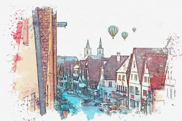 Szkic akwarela czy ilustracja pięknej ulicy w Rothenburg ob der Tauber, w Niemczech. — Zdjęcie stockowe
