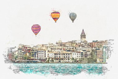 Bir suluboya kroki veya Istanbul'da geleneksel mimarisinin güzel bir manzara resmi