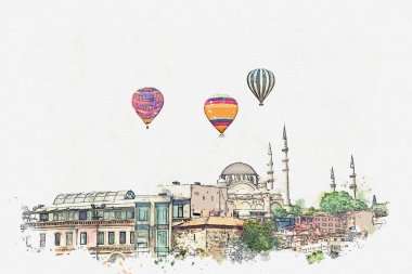 Bir suluboya kroki veya illüstrasyon. Ünlü Sultanahmet Camii Istanbul'da Sultanahmet denir. Türkiye