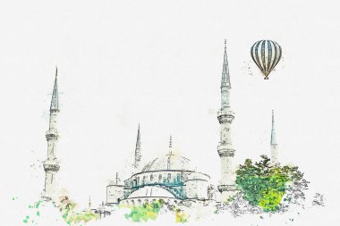 Bir suluboya kroki veya illüstrasyon. Ünlü Sultanahmet Camii Istanbul'da Sultanahmet denir. Türkiye