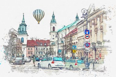 Bir suluboya kroki veya apartmanlar Varşova ile geleneksel bir sokak gösterimi