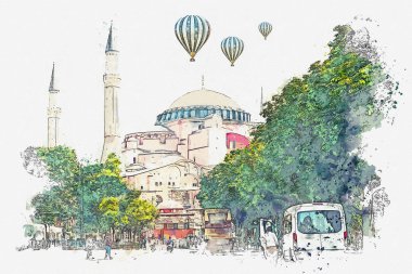 Bir suluboya kroki veya Aya Sofya Katedrali Istanbul'da güzel bir manzara resmi