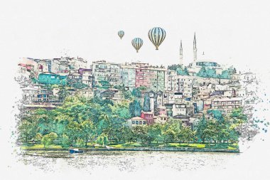 Bir suluboya kroki veya Istanbul'da geleneksel mimarisinin güzel bir manzara resmi