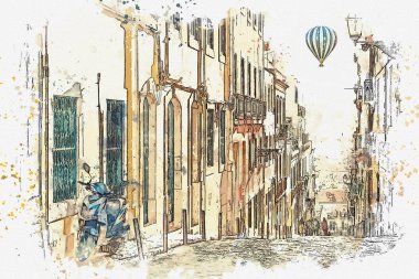 Suluboya bir kroki ya da bir örnek. Lizbon Portekiz güzel bir sokak görünümü.