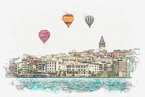 En akvarell skiss eller illustration av en vacker utsikt över den traditionella arkitekturen i Istanbul — Stockfoto